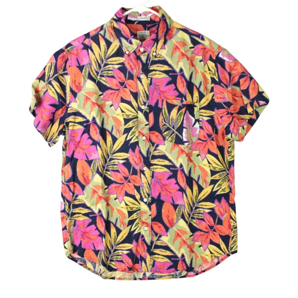 J Crew Men Linen Button Down Short Sleeve Shirt Size M Tropical Floral Red